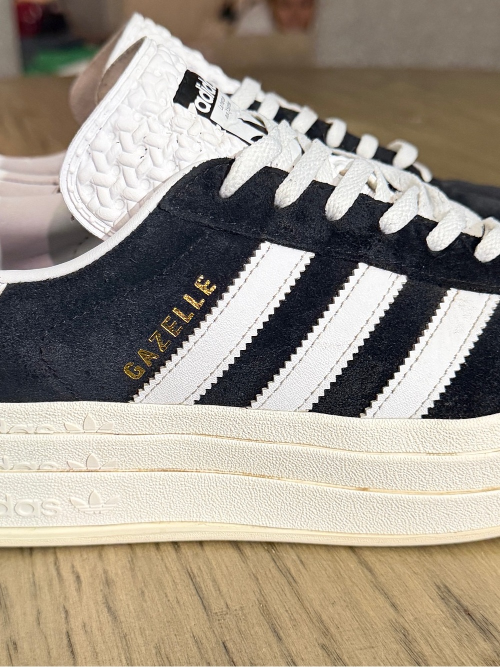 adidas Gazelle Women’s Black & White Suede Sneakers with Gold Foil
